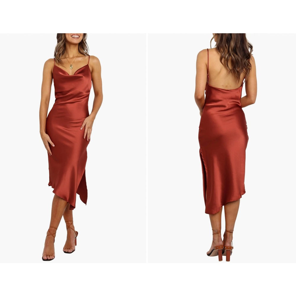 Petal + Pup Rust Satin Cowl Neck Midi Dress Size 10 US Asymmetrical Hem Slit - Picture 1 of 7